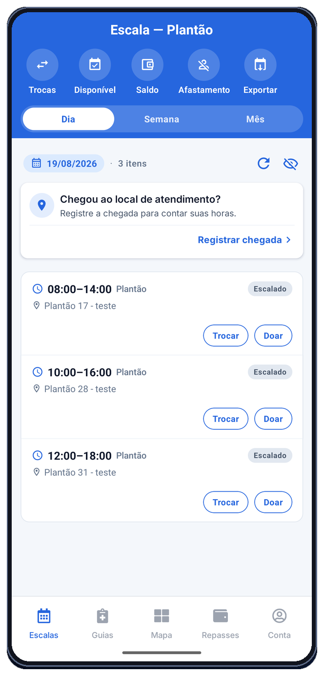 Tela de escalas do aplicativo MedHC, com o convite para registrar a chegada ao local de atendimento