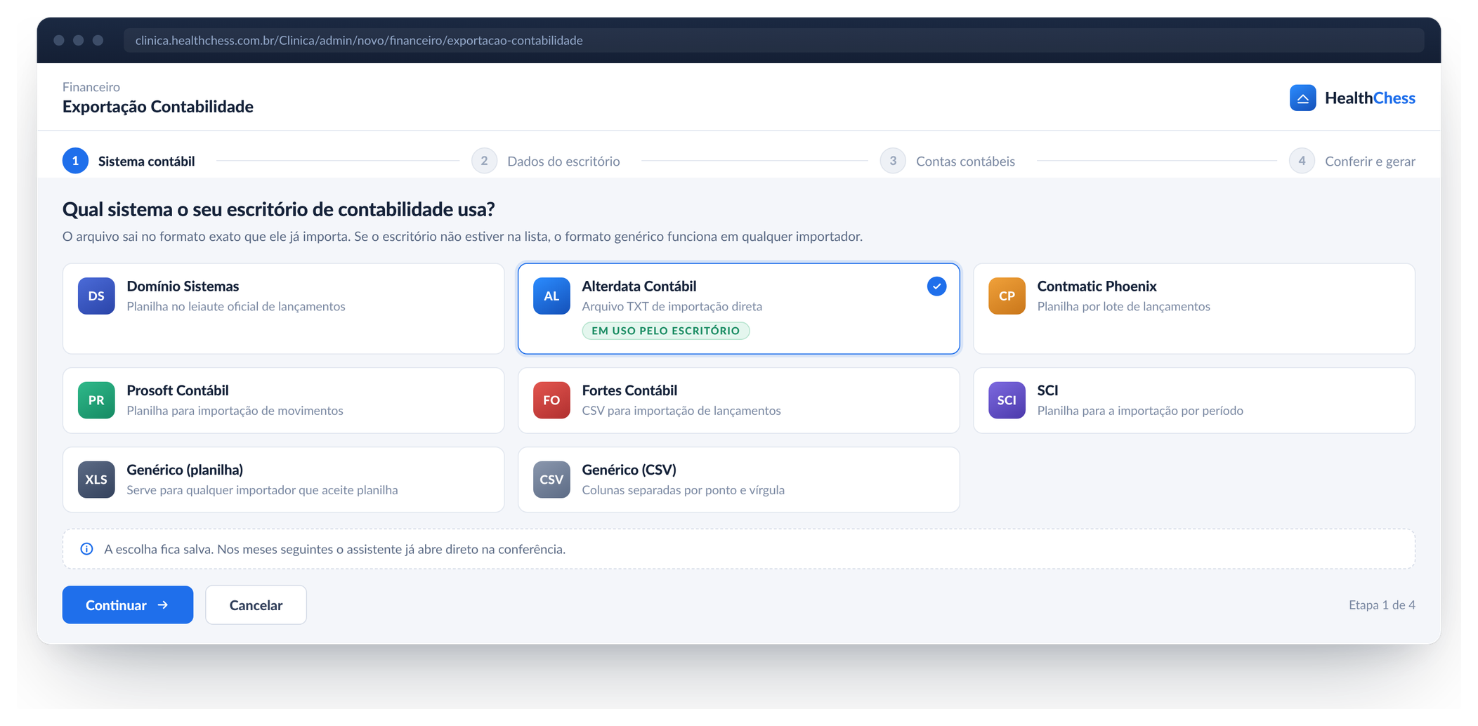 Primeira etapa do assistente de exportação contábil, com os sistemas contábeis disponíveis